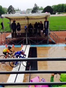 Finn O'Brien gets 4th place on the line of a very wet slippy Roubaix velodrome ( Photo by Teddy Kent aged 4 )